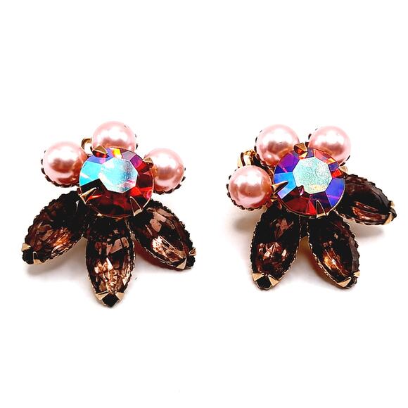 Vintage AB Rhinestone Pink Pearl Earrings Gold Tone Clip On Costume Jewelry - Picture 7 of 7